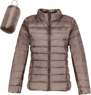 Packable Down Jacket Women Lightweight Full Zip Puffer Jackets Casual Warm Stand Collar Quilted Winter Coat with Hood