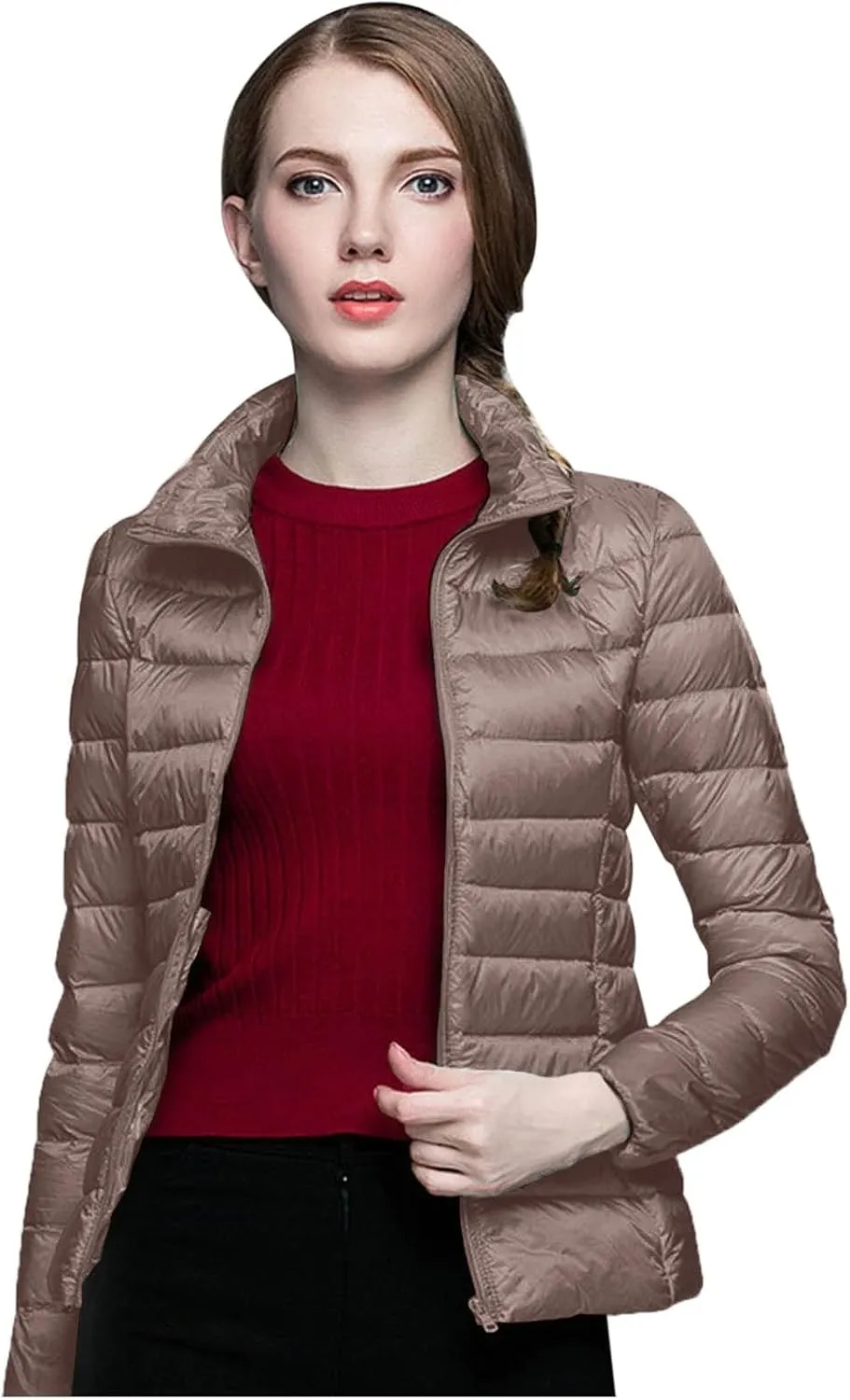 Packable Down Jacket Women Lightweight Full Zip Puffer Jackets Casual Warm Stand Collar Quilted Winter Coat with Hood