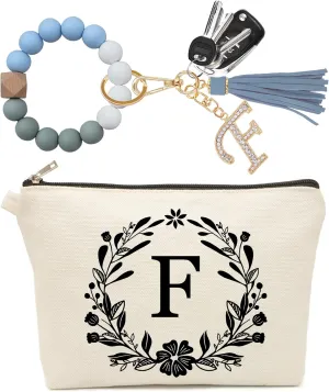 Personalized Initial Makeup Bag for Women, Silicone Beaded Wristlet Bracelet Keychain with Initial, Flower Canvas Cute Small Make up Pouch Beige Cosmetic Bag, Teacher Gifts (Letter F)