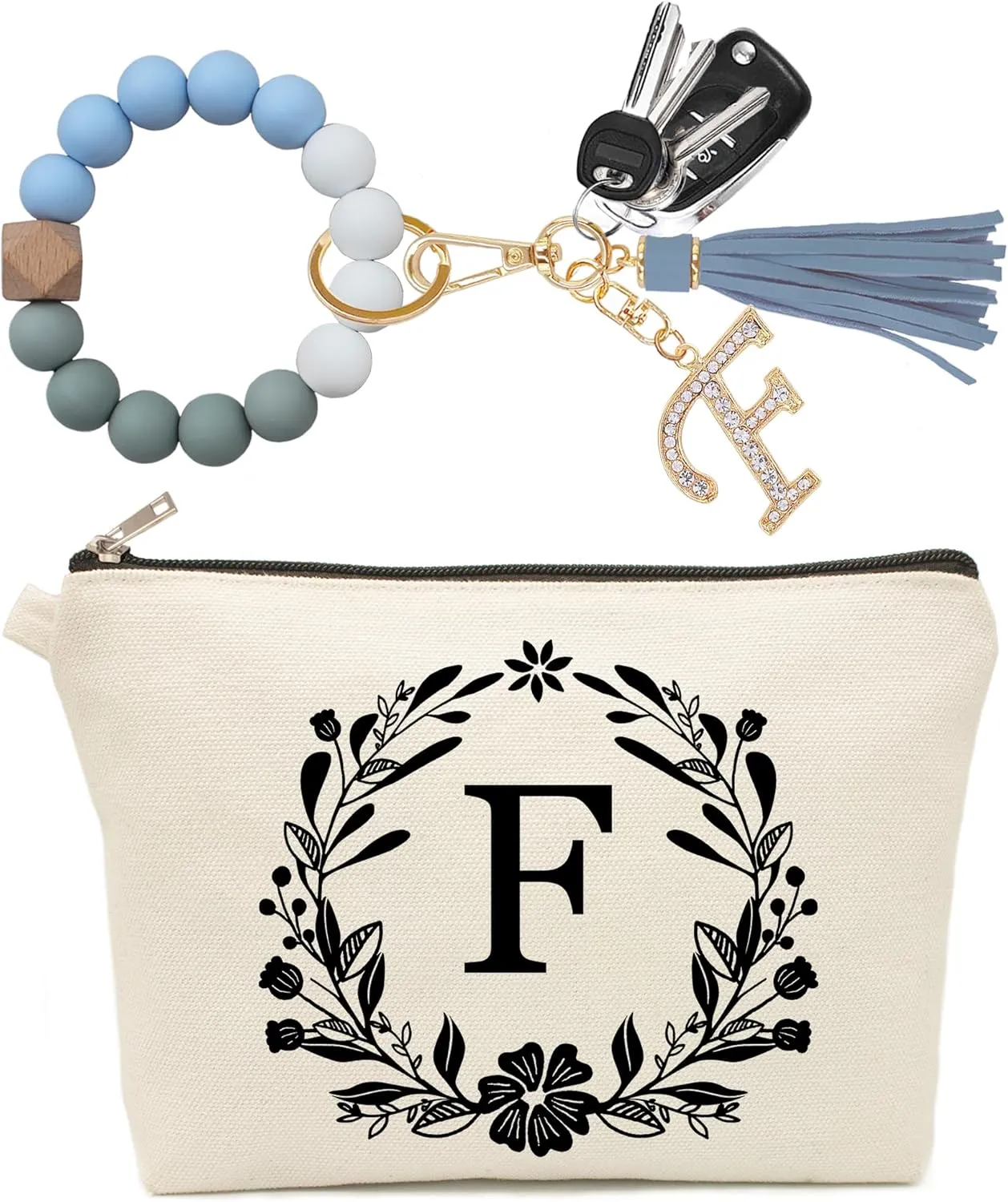 Personalized Initial Makeup Bag for Women, Silicone Beaded Wristlet Bracelet Keychain with Initial, Flower Canvas Cute Small Make up Pouch Beige Cosmetic Bag, Teacher Gifts (Letter F)