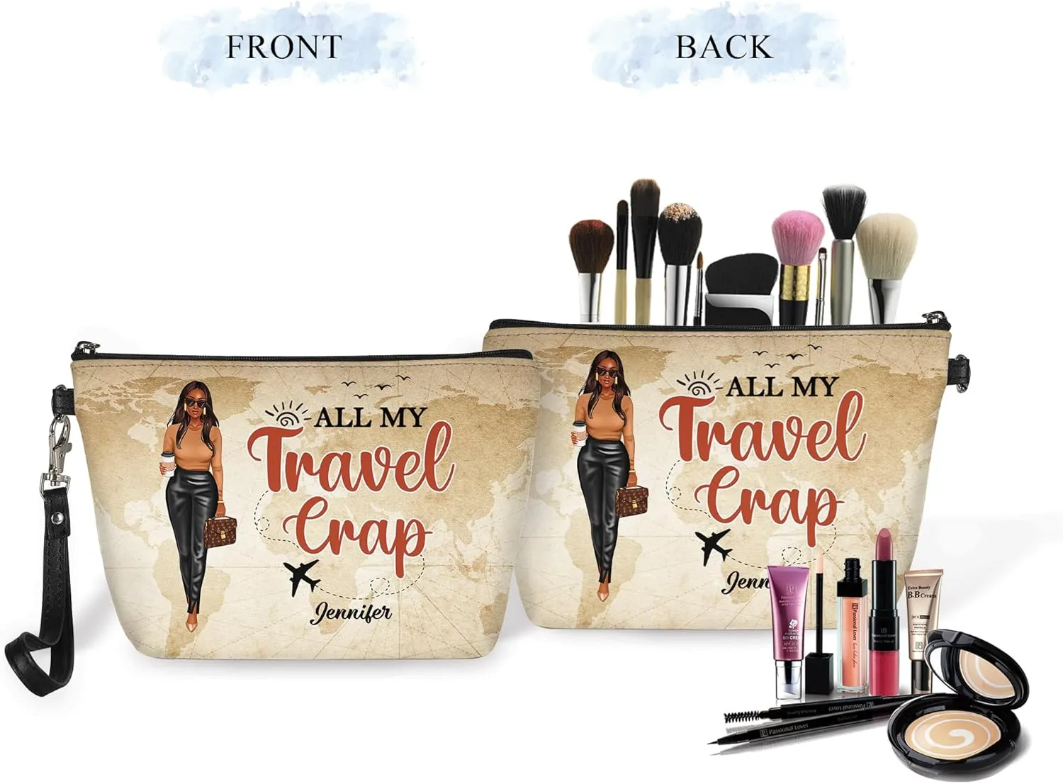 Personalized Name All My Travel Crap Makeup Bag Custom Woman Cosmetic Bags Makeup Travel Case Makeup Boxy Bag Dopp Kit for Women Traveling Makeup Pouch Organizer Toiletry Bags 1