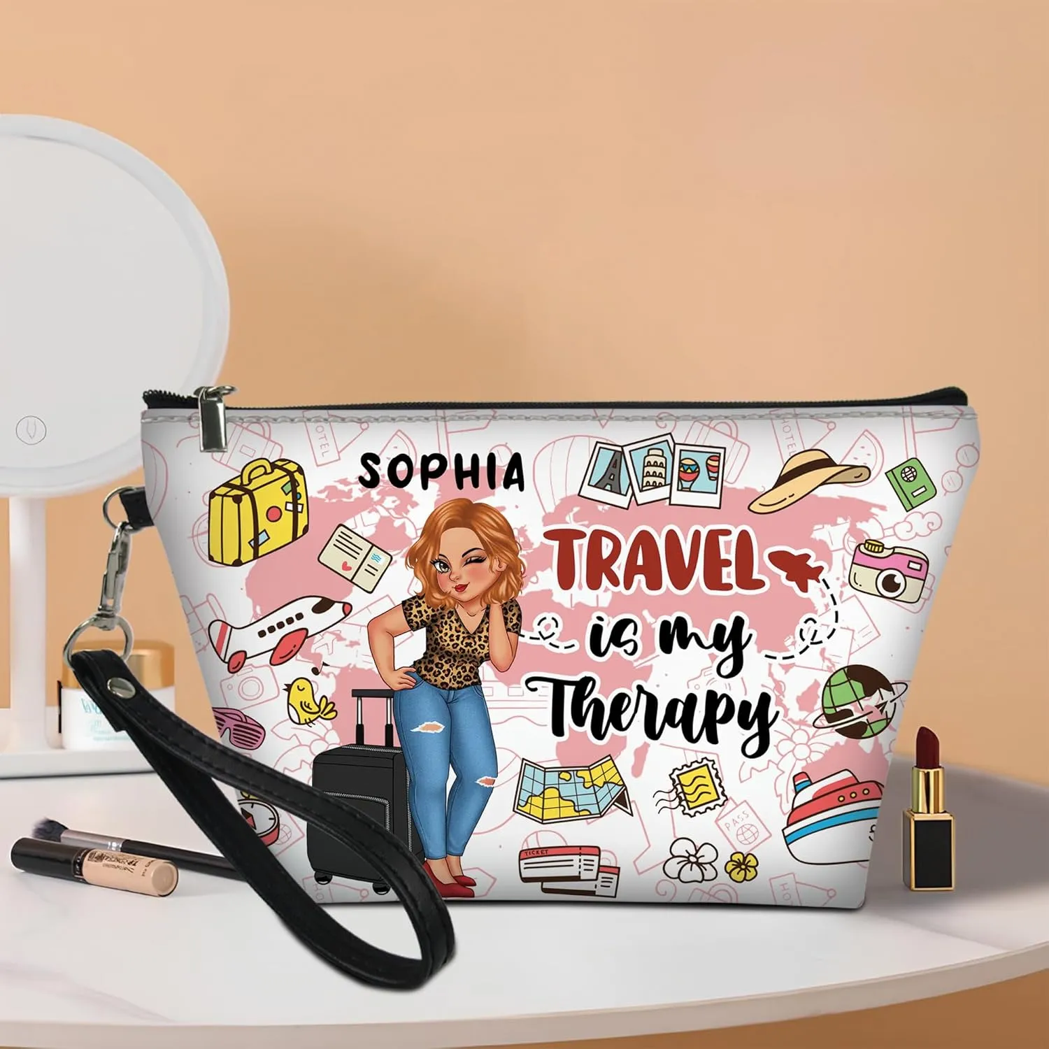 Personalized Name Girl Who Loves Traveling Makeup Bag Custom Woman Cosmetic Bags Makeup Travel Case Makeup Boxy Bag Dopp Kit for Women Traveling Makeup Pouch Organizer Toiletry Bags 10