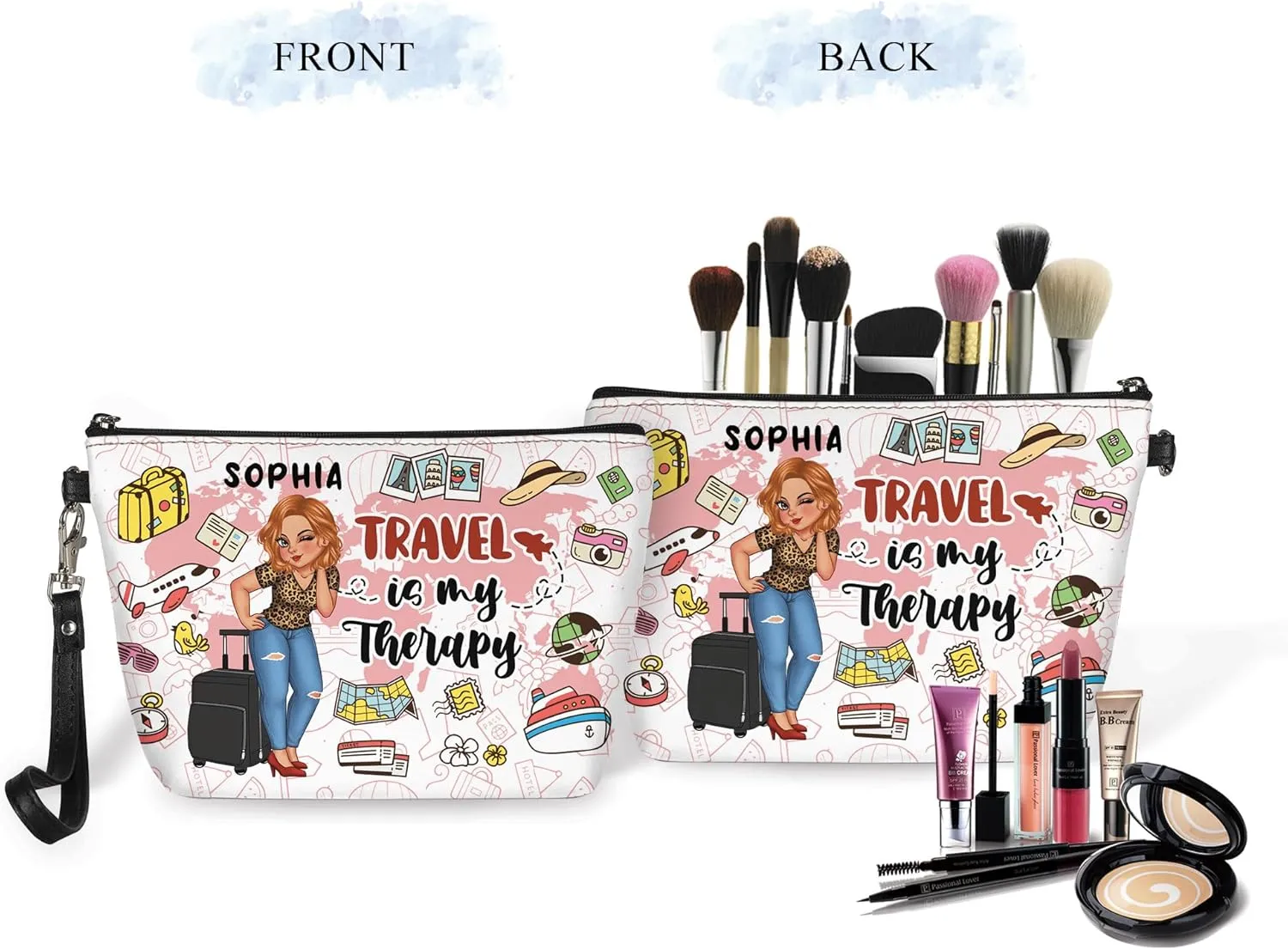 Personalized Name Girl Who Loves Traveling Makeup Bag Custom Woman Cosmetic Bags Makeup Travel Case Makeup Boxy Bag Dopp Kit for Women Traveling Makeup Pouch Organizer Toiletry Bags 10