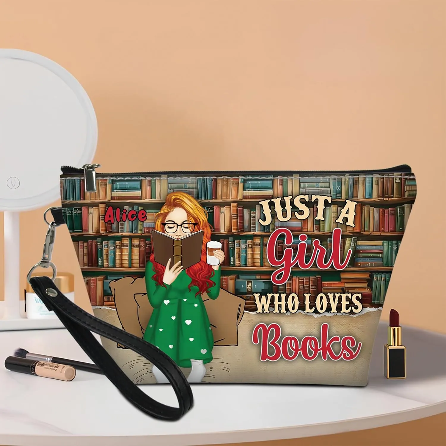 Personalized Name Just a Girl Who Loves Book Makeup Bag Travel Case Makeup Boxy Bag Dopp Kit for Women Traveling Make up Pouch Organizer Toiletry Bags 11