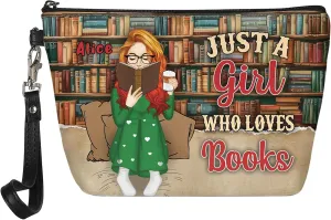 Personalized Name Just a Girl Who Loves Book Makeup Bag Travel Case Makeup Boxy Bag Dopp Kit for Women Traveling Make up Pouch Organizer Toiletry Bags 11