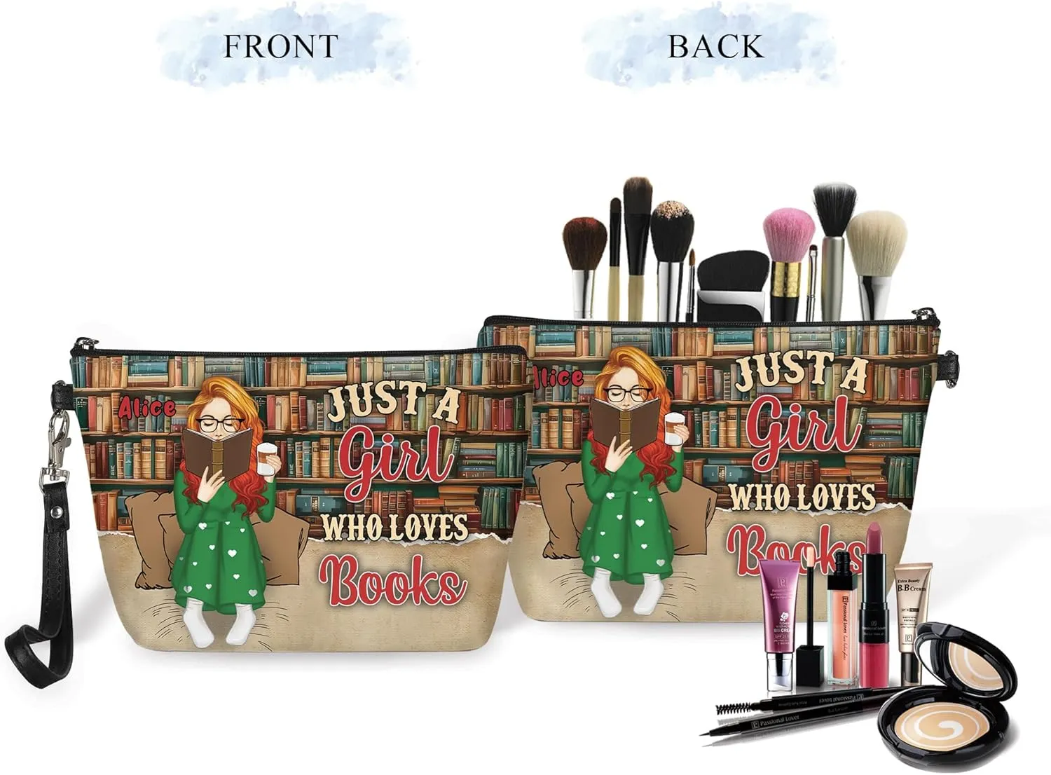 Personalized Name Just a Girl Who Loves Book Makeup Bag Travel Case Makeup Boxy Bag Dopp Kit for Women Traveling Make up Pouch Organizer Toiletry Bags 11