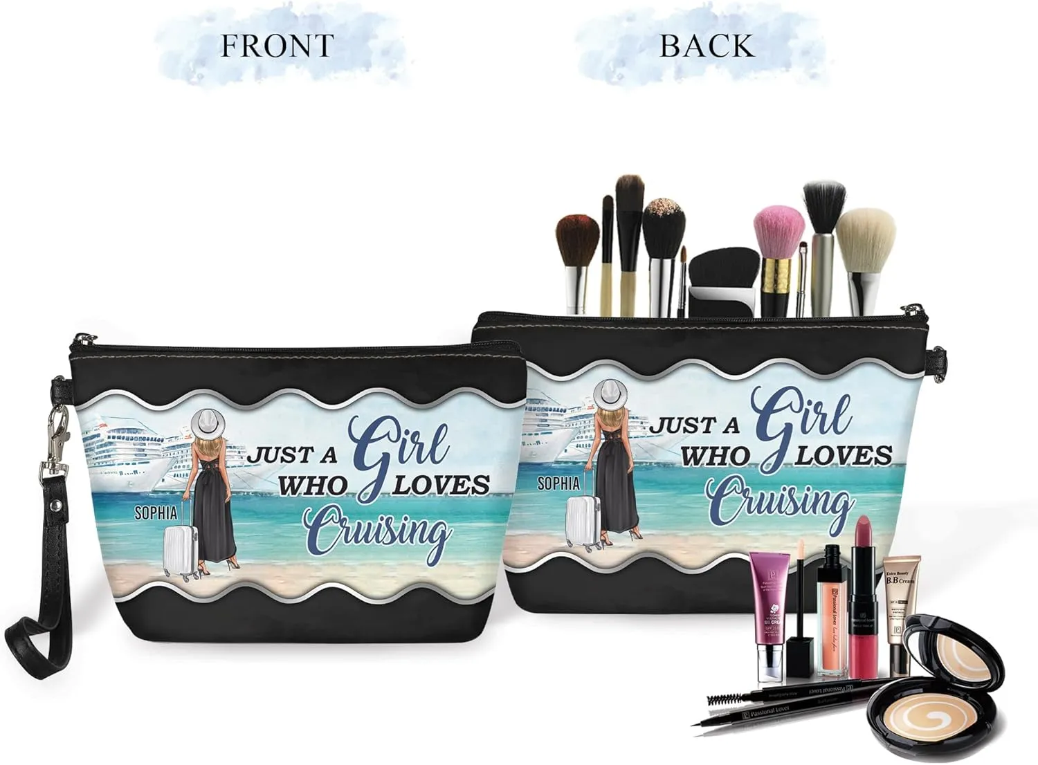 Personalized Name Just a Girl Who Loves Cruising Makeup Bag Custom Travel Case Makeup Boxy Bag Dopp Kit for Women Traveling Make up Pouch Organizer Toiletry Bags 5