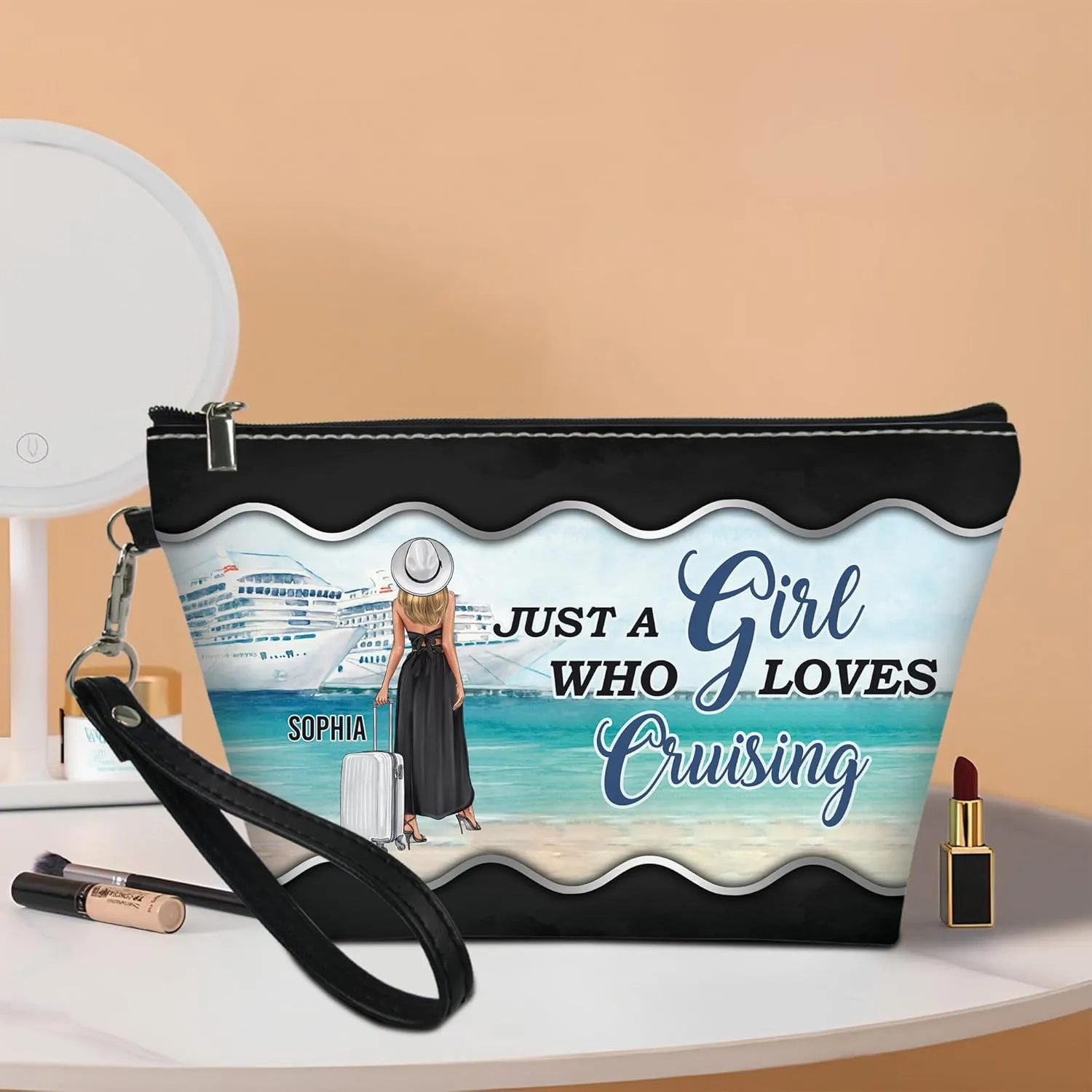 Personalized Name Just a Girl Who Loves Cruising Makeup Bag Custom Travel Case Makeup Boxy Bag Dopp Kit for Women Traveling Make up Pouch Organizer Toiletry Bags 5