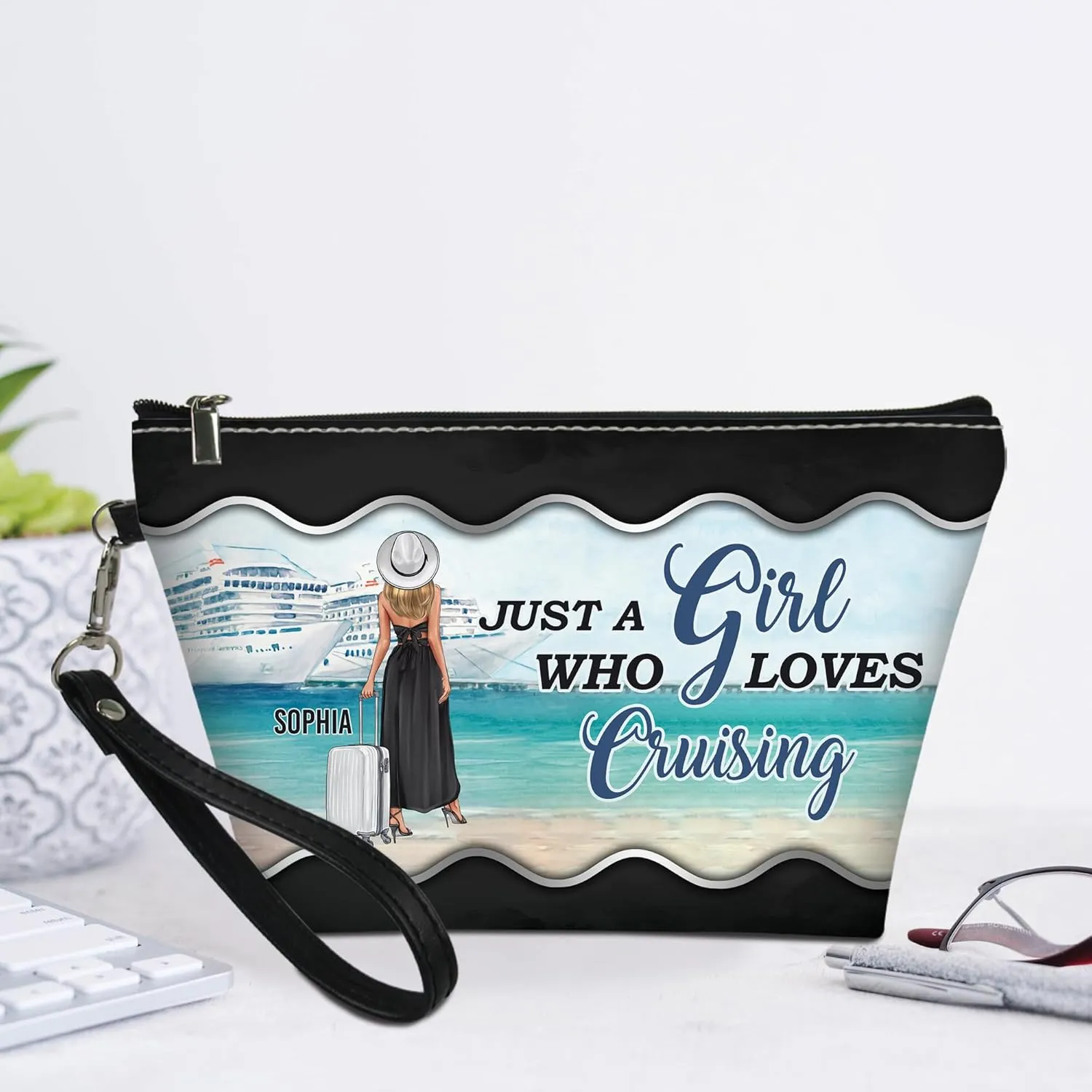 Personalized Name Just a Girl Who Loves Cruising Makeup Bag Custom Travel Case Makeup Boxy Bag Dopp Kit for Women Traveling Make up Pouch Organizer Toiletry Bags 5