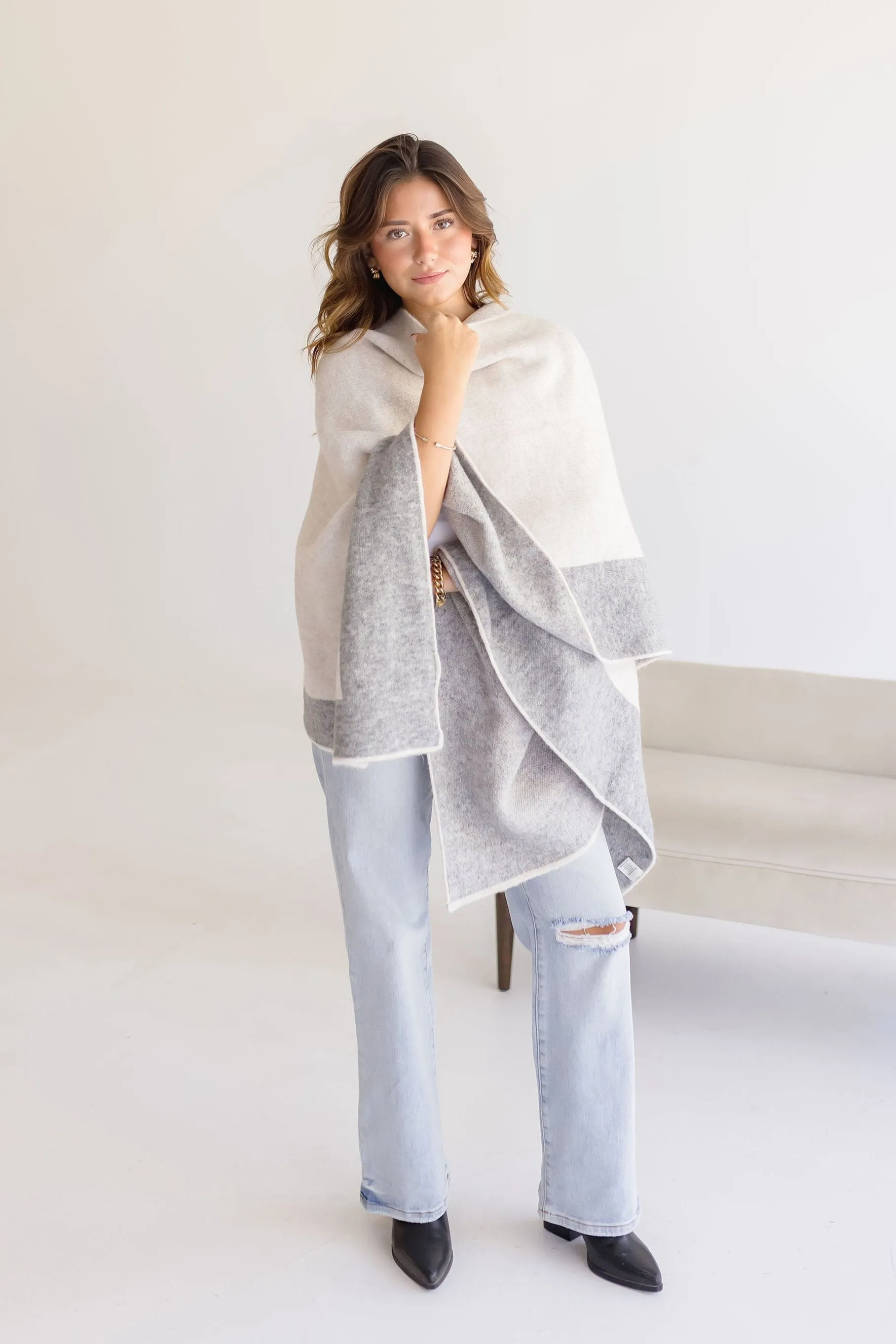Phoenix Color Block Open Front Cardigan Grey