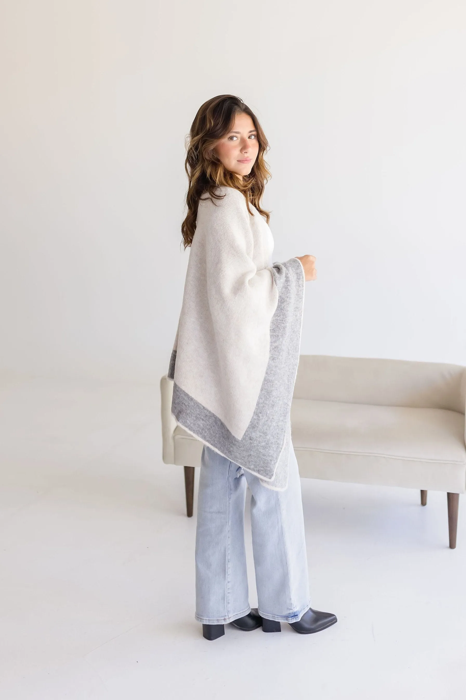 Phoenix Color Block Open Front Cardigan Grey