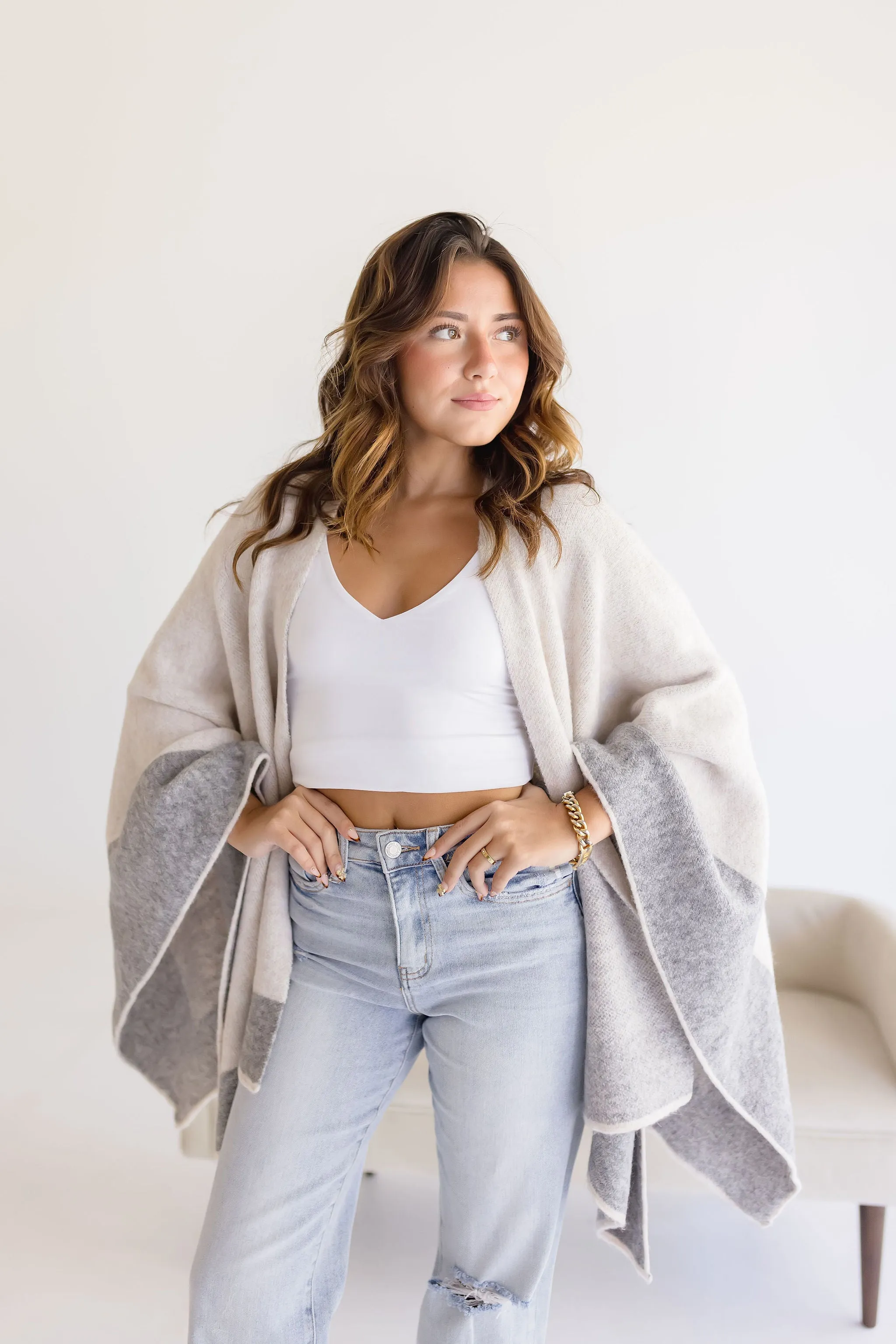 Phoenix Color Block Open Front Cardigan Grey