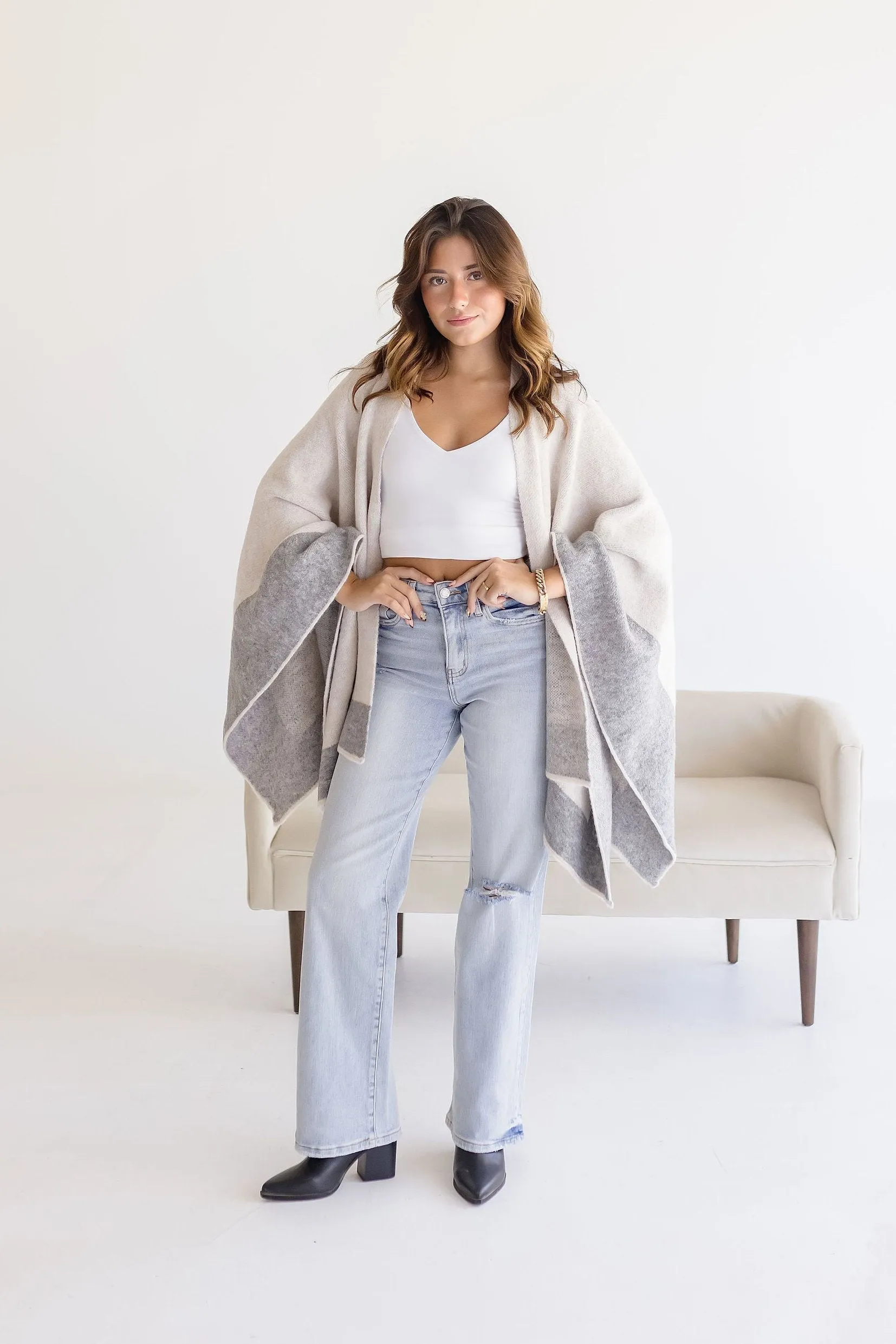 Phoenix Color Block Open Front Cardigan Grey