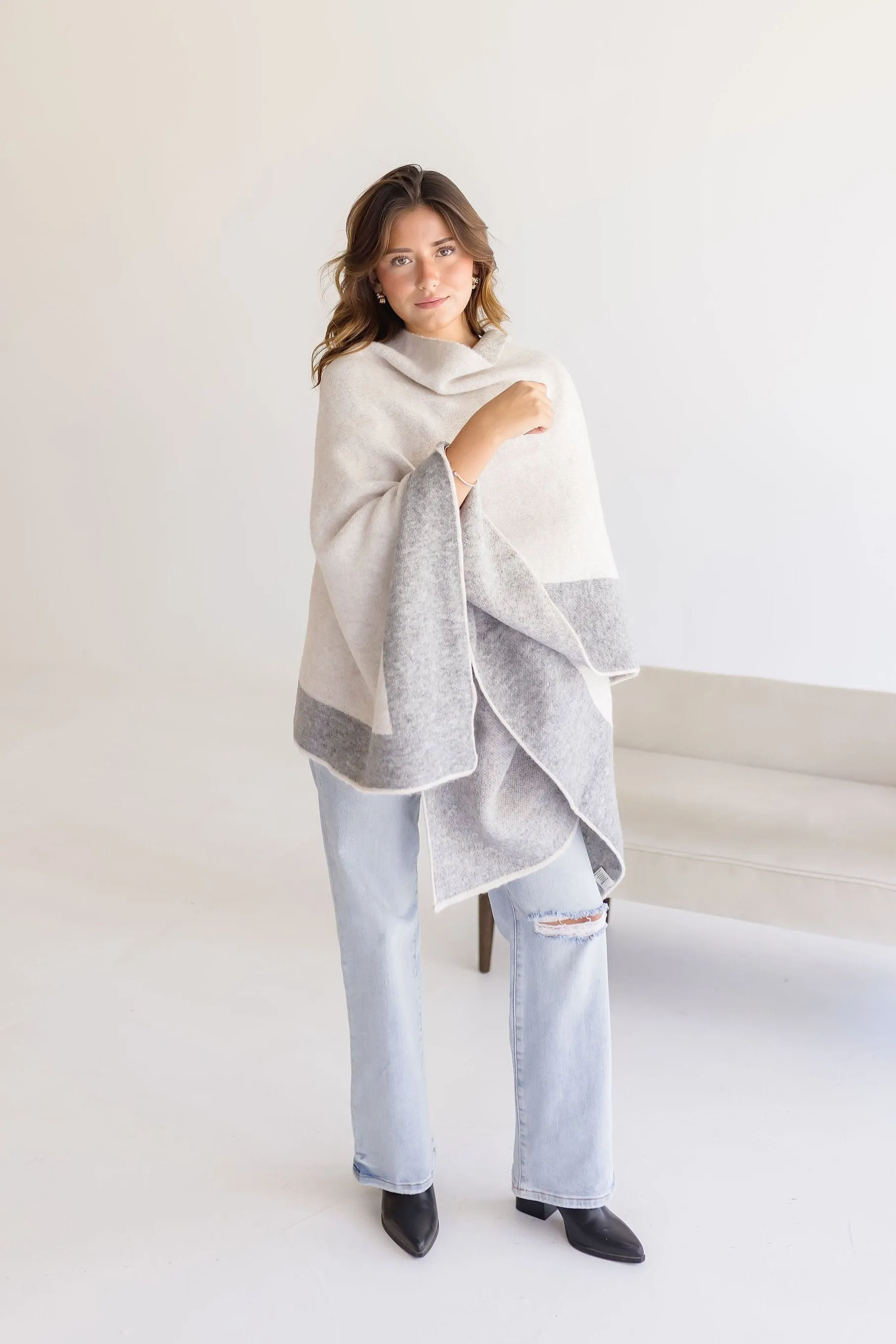 Phoenix Color Block Open Front Cardigan Grey