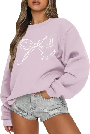 Pink Bow Sweatshirt Oversized Crewneck Sweatshirt Fall Pullover Sweatshirt Long Sleeve Bow Print Sweater Y2k Tops