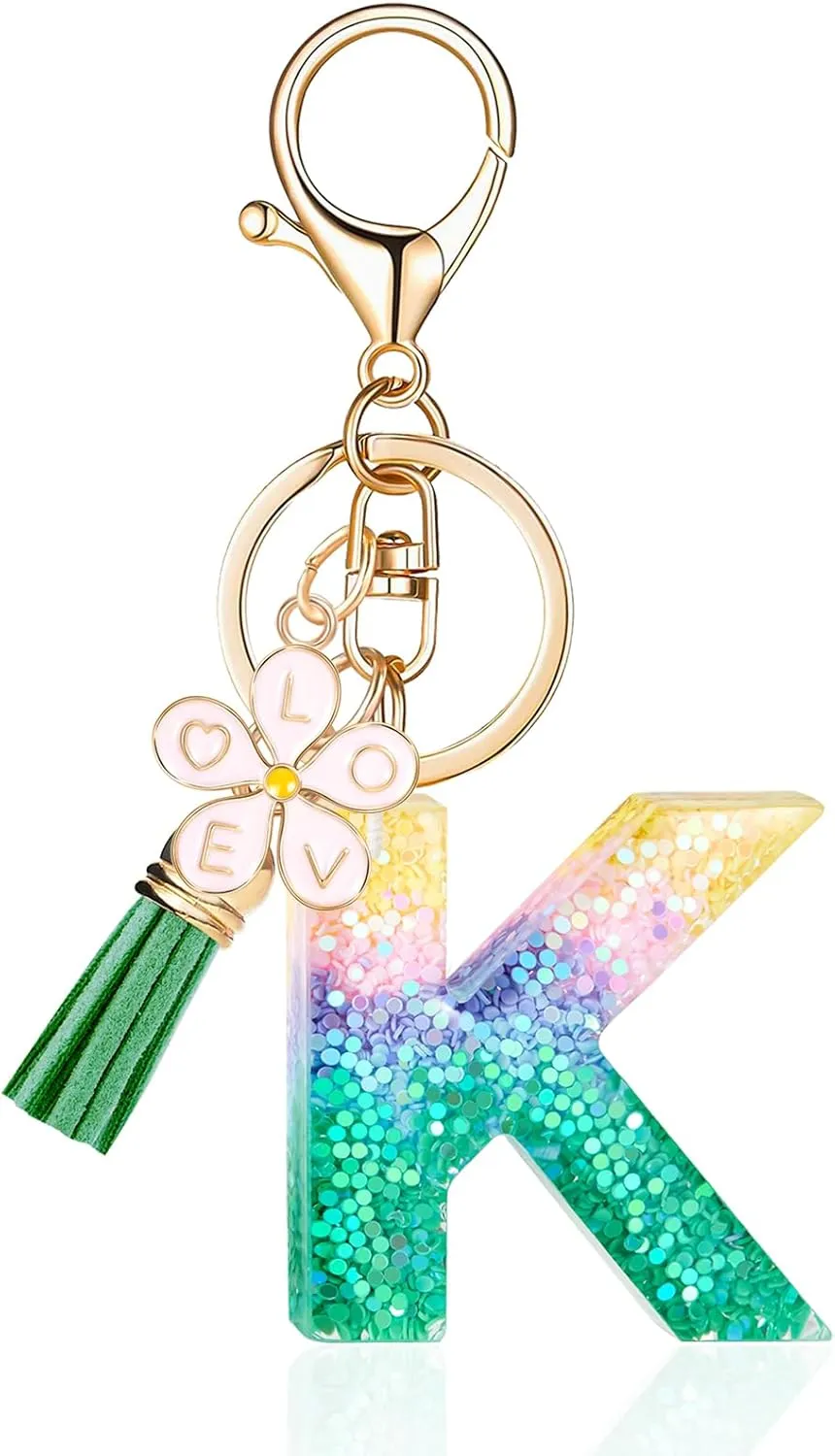 Pink Flower Pendant Letter Initial Keychain Color Alphabet Keychain,Green Tassel Key Ring for Women Girls