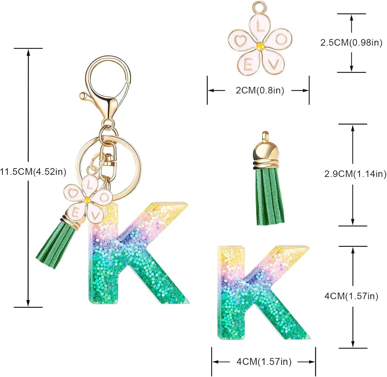 Pink Flower Pendant Letter Initial Keychain Color Alphabet Keychain,Green Tassel Key Ring for Women Girls