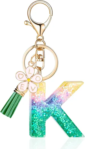 Pink Flower Pendant Letter Initial Keychain Color Alphabet Keychain,Green Tassel Key Ring for Women Girls