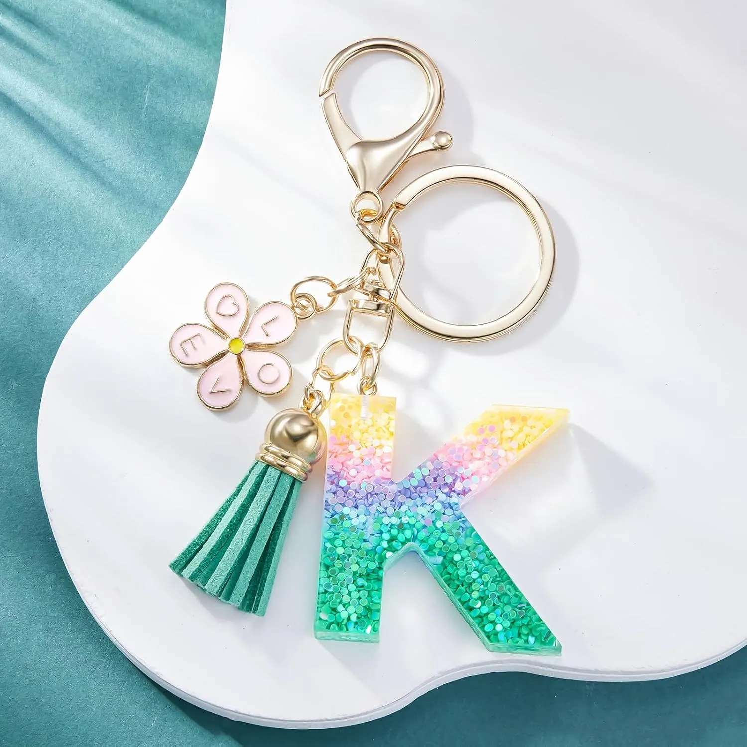 Pink Flower Pendant Letter Initial Keychain Color Alphabet Keychain,Green Tassel Key Ring for Women Girls