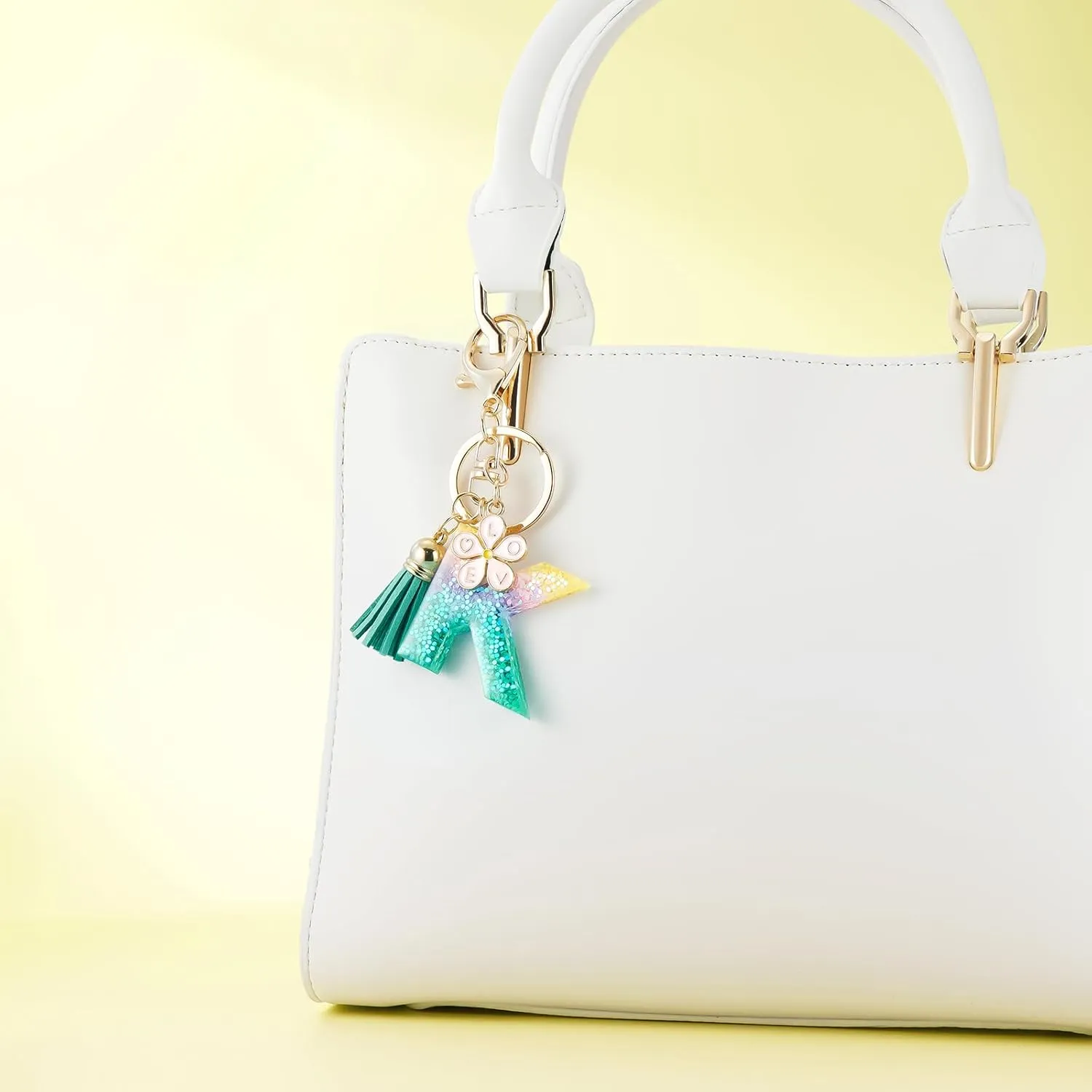 Pink Flower Pendant Letter Initial Keychain Color Alphabet Keychain,Green Tassel Key Ring for Women Girls