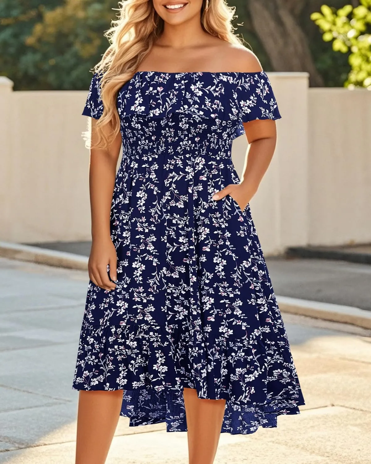 Pinup Fashion Plus Size Summer Dresses - Off Shoulder Ruffle Boho Casual High Low Smocked Dress with Pockets