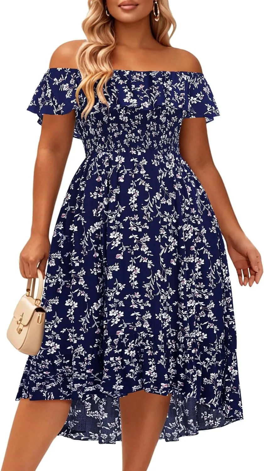 Pinup Fashion Plus Size Summer Dresses - Off Shoulder Ruffle Boho Casual High Low Smocked Dress with Pockets