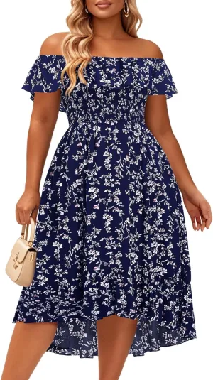 Pinup Fashion Plus Size Summer Dresses - Off Shoulder Ruffle Boho Casual High Low Smocked Dress with Pockets