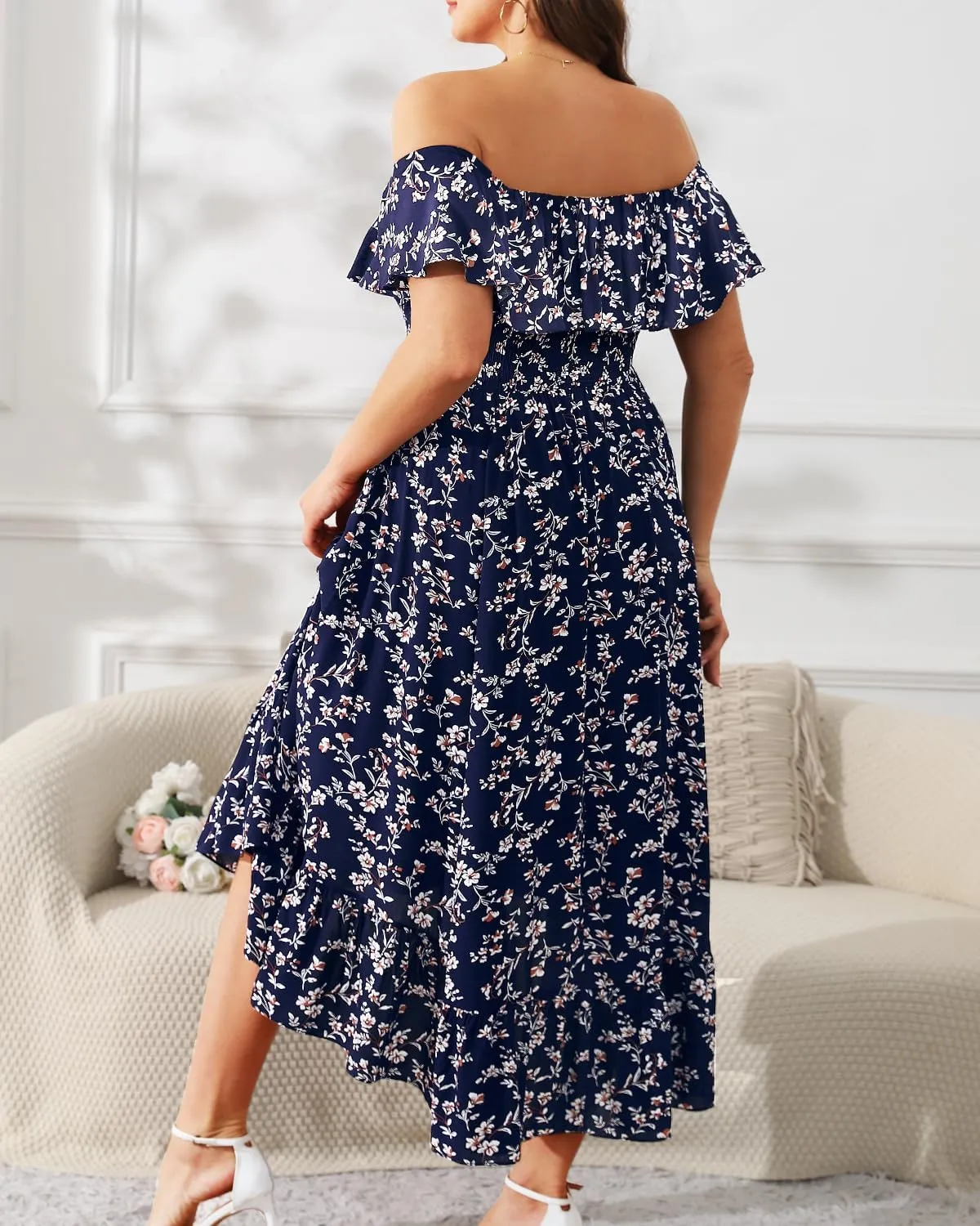 Pinup Fashion Plus Size Summer Dresses - Off Shoulder Ruffle Boho Casual High Low Smocked Dress with Pockets