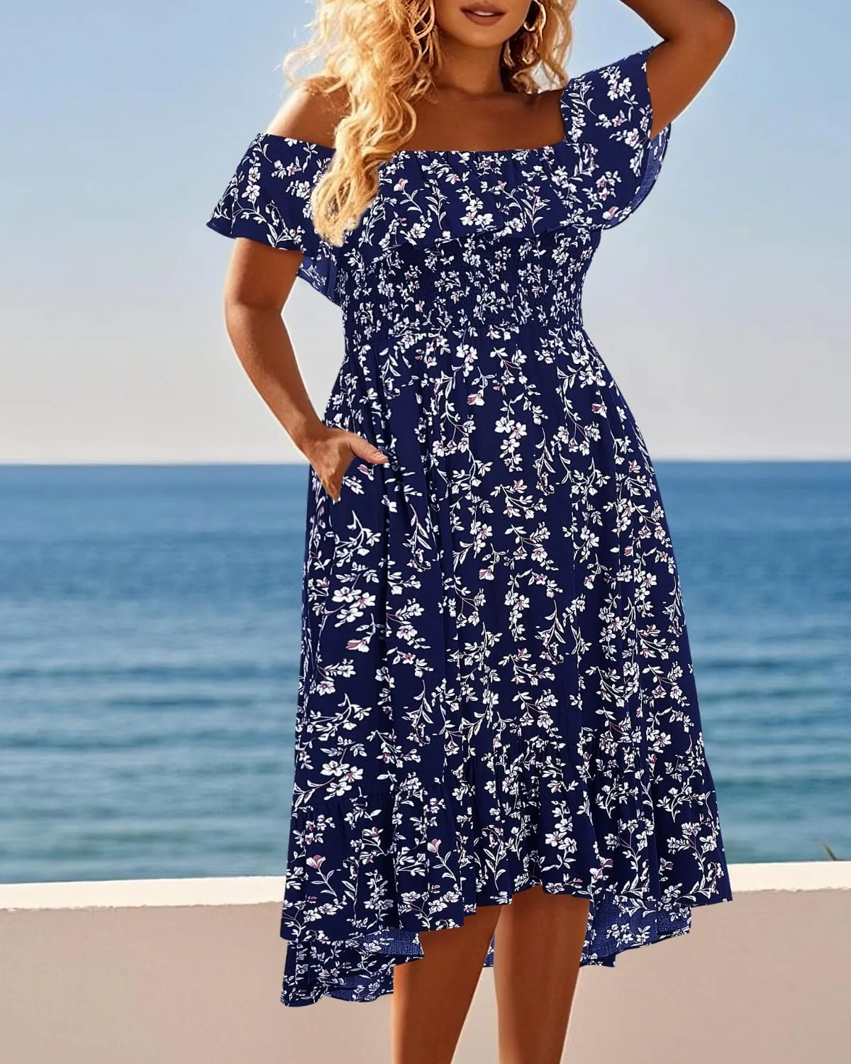 Pinup Fashion Plus Size Summer Dresses - Off Shoulder Ruffle Boho Casual High Low Smocked Dress with Pockets