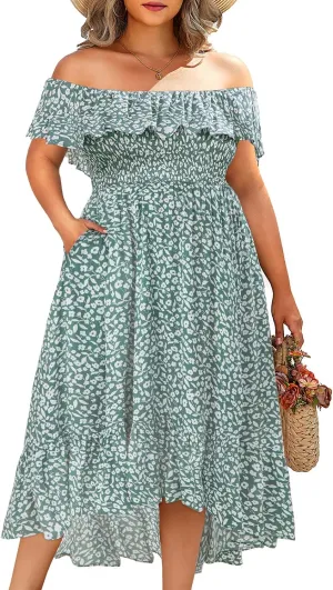 Pinup Fashion Plus Size Summer Dresses - Off Shoulder Ruffle Boho Casual High Low Smocked Dress with Pockets