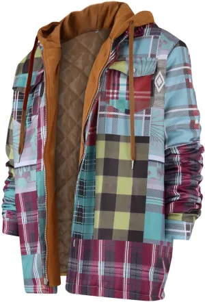 Plaid Jacket Mens Hooded Quilted Lined Flannel Shirt Jacket Long Sleeve Full Zip Jackets Winter Thick Warm Coat