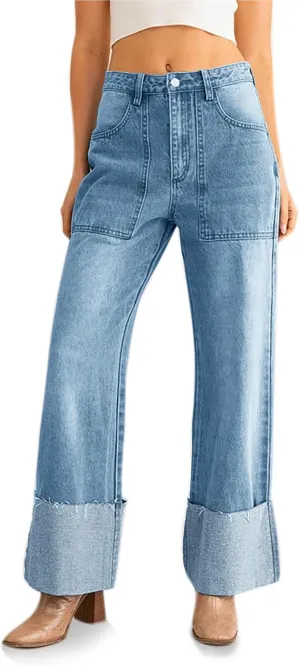 PLNOTME Womens Baggy Cuffed Jeans Casual Straight Leg Boyfriend Denim Pants with Pockets