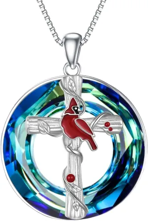 POPKIMI Red Cardinal Pendant Necklace S925 Sterling Silver Crystal Cardinal Jewelry Bird Memorial Tree Pendant Jewelry Gift for Women