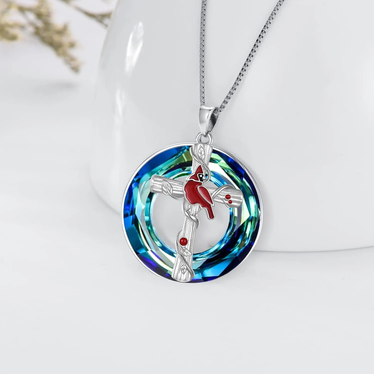 POPKIMI Red Cardinal Pendant Necklace S925 Sterling Silver Crystal Cardinal Jewelry Bird Memorial Tree Pendant Jewelry Gift for Women