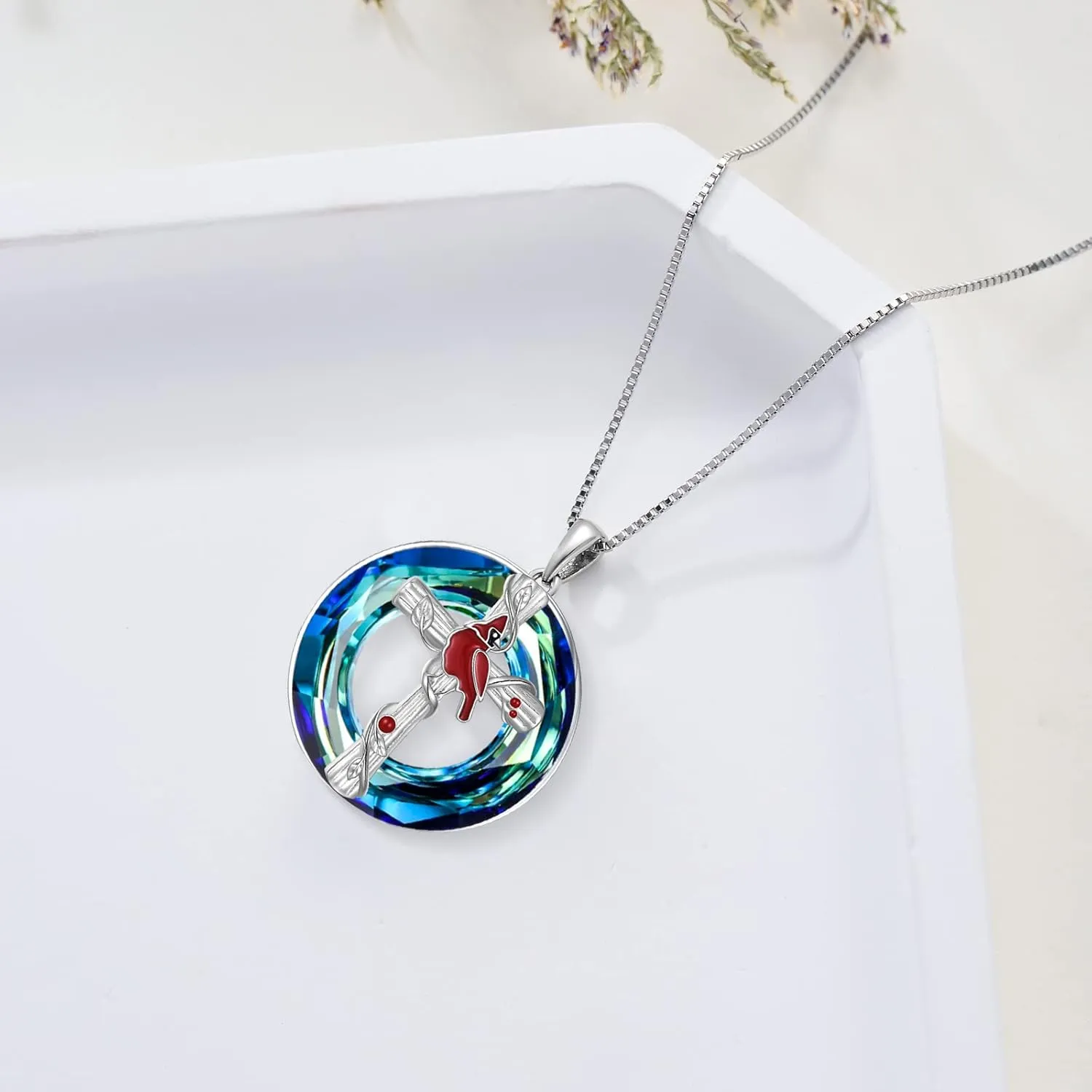 POPKIMI Red Cardinal Pendant Necklace S925 Sterling Silver Crystal Cardinal Jewelry Bird Memorial Tree Pendant Jewelry Gift for Women