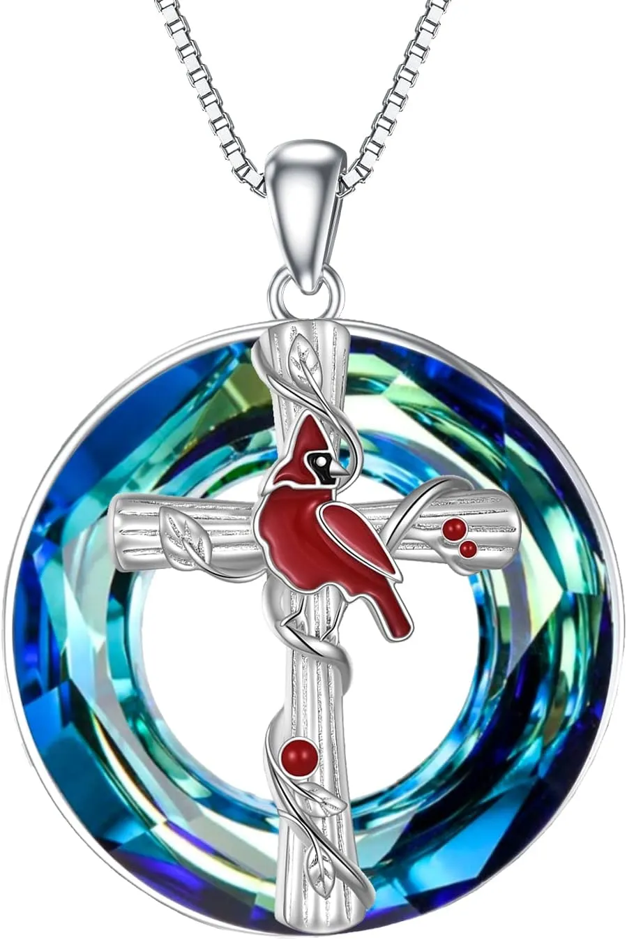 POPKIMI Red Cardinal Pendant Necklace S925 Sterling Silver Crystal Cardinal Jewelry Bird Memorial Tree Pendant Jewelry Gift for Women
