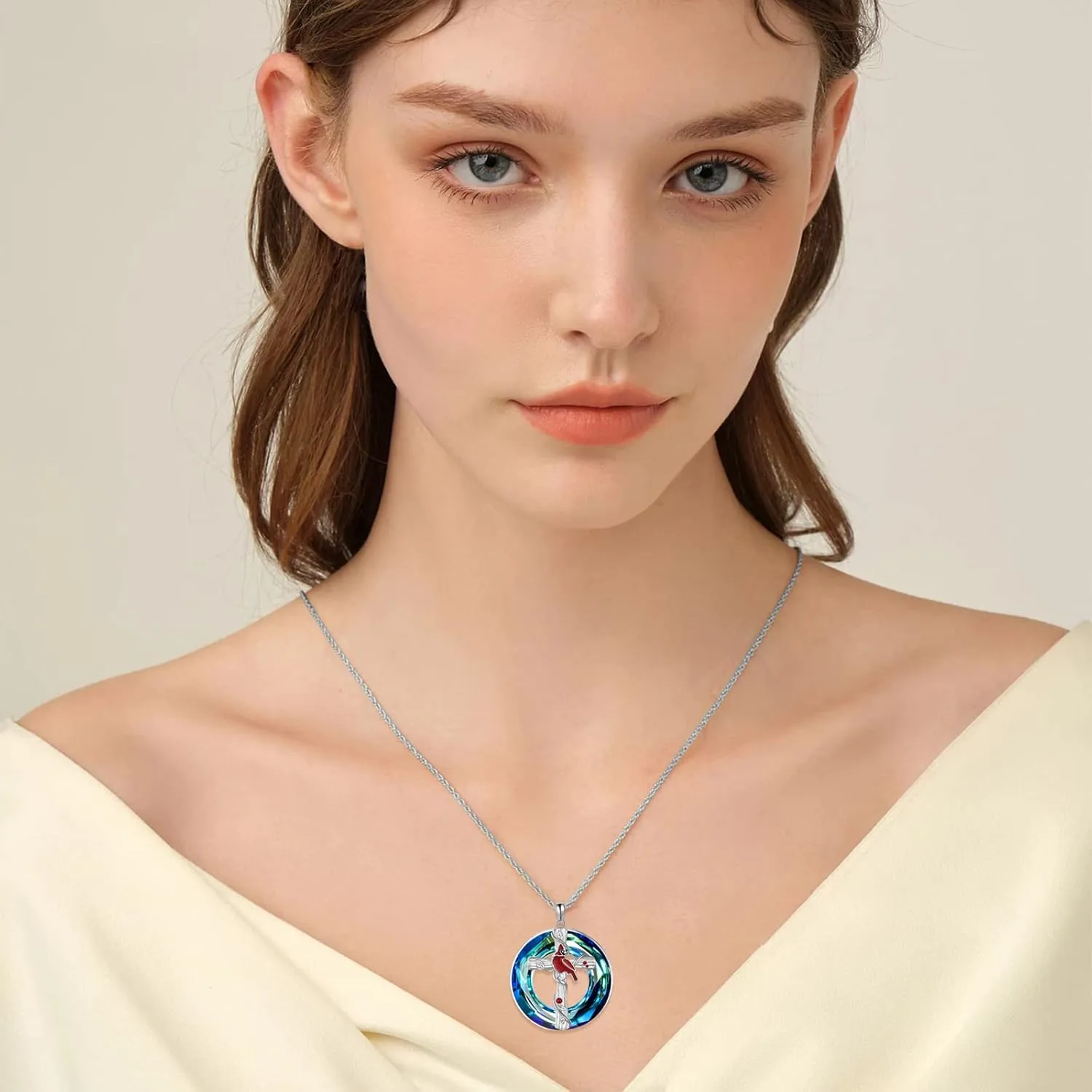 POPKIMI Red Cardinal Pendant Necklace S925 Sterling Silver Crystal Cardinal Jewelry Bird Memorial Tree Pendant Jewelry Gift for Women