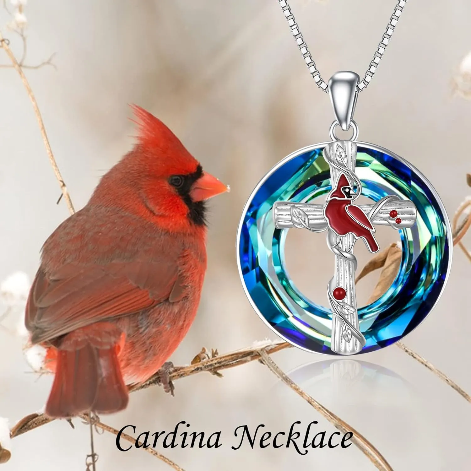 POPKIMI Red Cardinal Pendant Necklace S925 Sterling Silver Crystal Cardinal Jewelry Bird Memorial Tree Pendant Jewelry Gift for Women