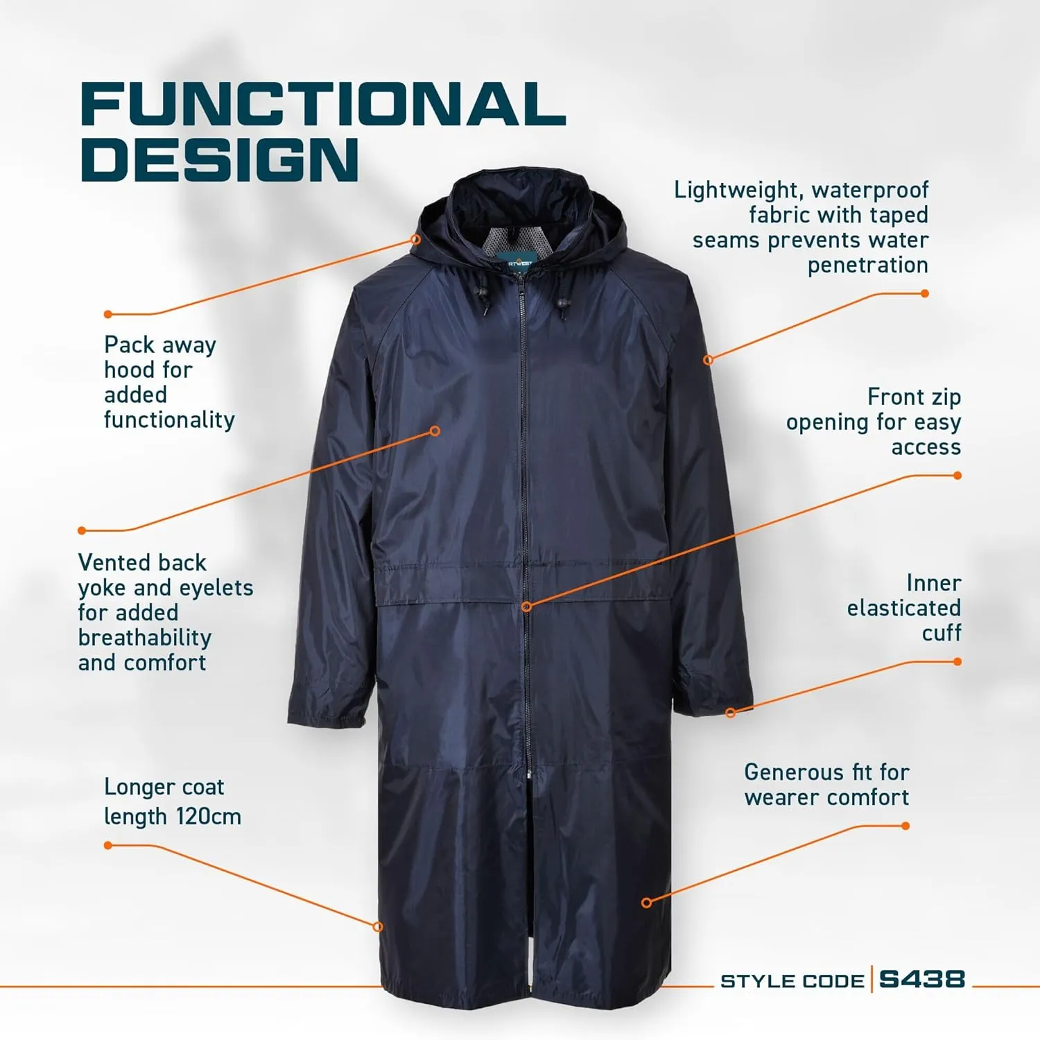 Portwest Classic Rain Coat Adult Waterproof Long Protection Hooded Work Wear Trench