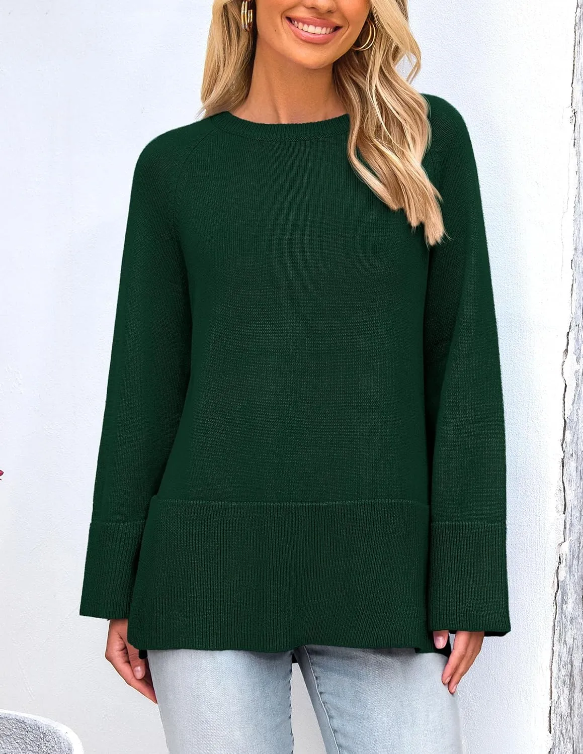 PRETTYGARDEN Women's Knit Spring Sweaters Long Sleeve Pullover Crewneck Split Hem Loose Oversized Tunic Fall Sweater Top