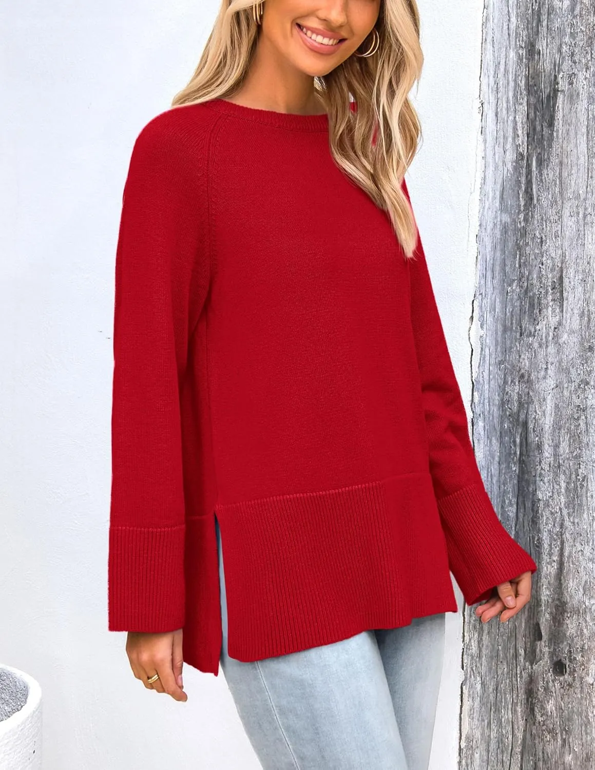 PRETTYGARDEN Women's Knit Spring Sweaters Long Sleeve Pullover Crewneck Split Hem Loose Oversized Tunic Fall Sweater Top