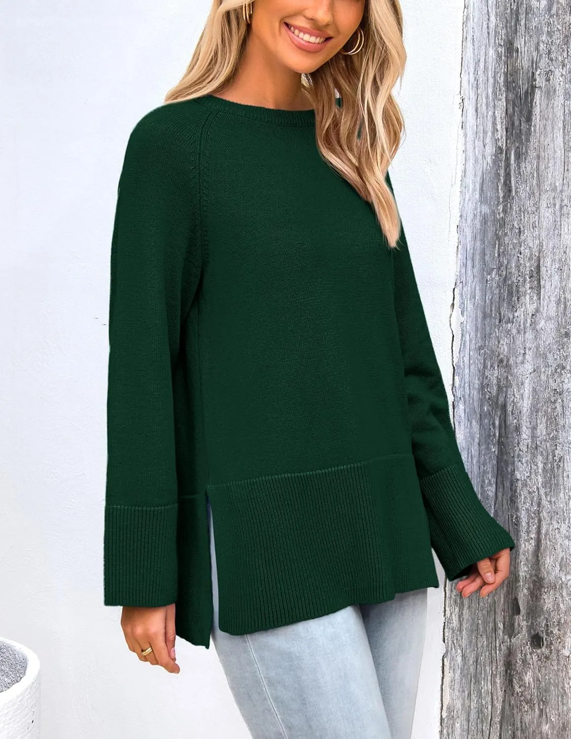 PRETTYGARDEN Women's Knit Spring Sweaters Long Sleeve Pullover Crewneck Split Hem Loose Oversized Tunic Fall Sweater Top