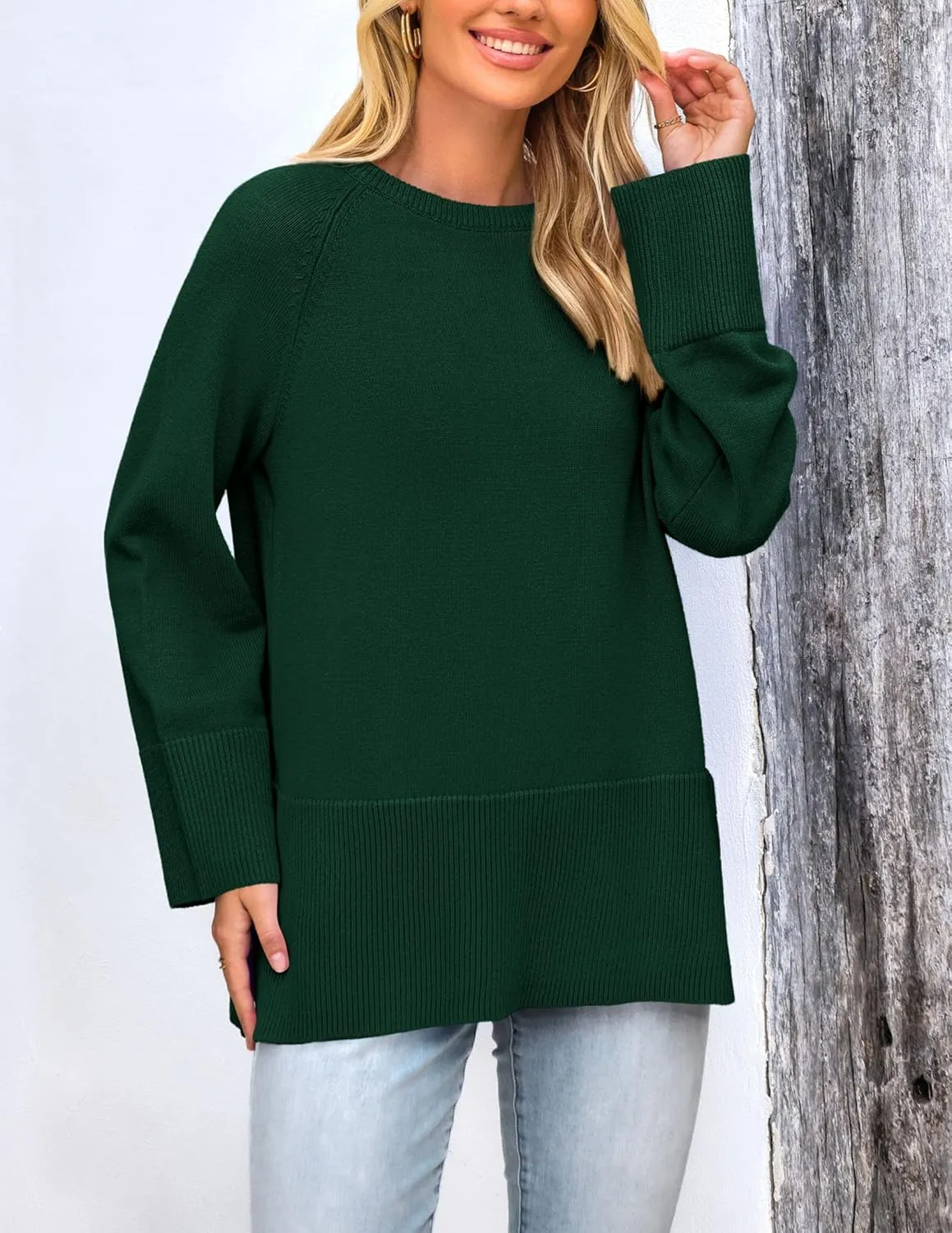 PRETTYGARDEN Women's Knit Spring Sweaters Long Sleeve Pullover Crewneck Split Hem Loose Oversized Tunic Fall Sweater Top