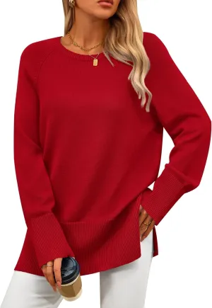 PRETTYGARDEN Women's Knit Spring Sweaters Long Sleeve Pullover Crewneck Split Hem Loose Oversized Tunic Fall Sweater Top
