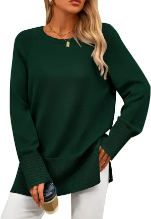 PRETTYGARDEN Women's Knit Spring Sweaters Long Sleeve Pullover Crewneck Split Hem Loose Oversized Tunic Fall Sweater Top