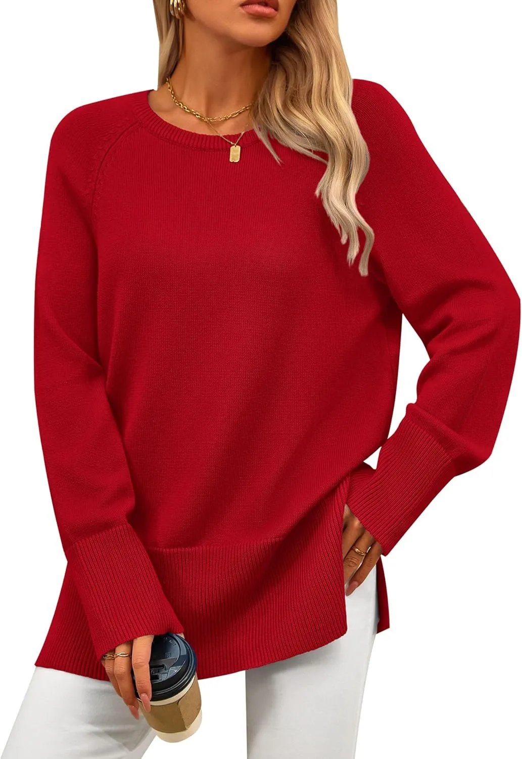 PRETTYGARDEN Women's Knit Spring Sweaters Long Sleeve Pullover Crewneck Split Hem Loose Oversized Tunic Fall Sweater Top