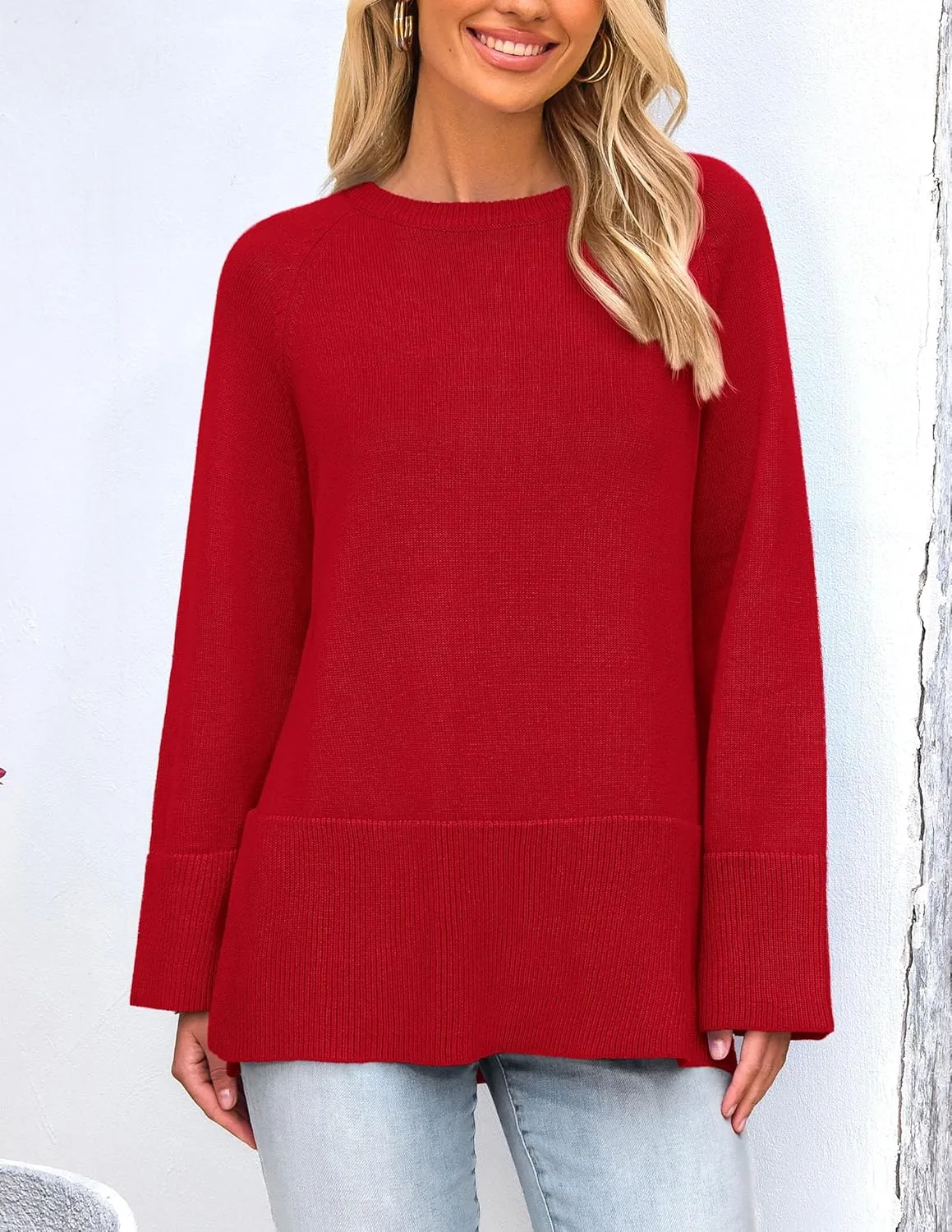 PRETTYGARDEN Women's Knit Spring Sweaters Long Sleeve Pullover Crewneck Split Hem Loose Oversized Tunic Fall Sweater Top