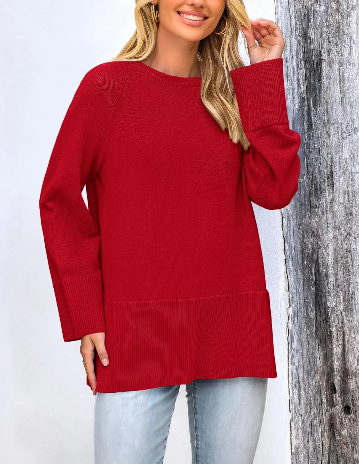 PRETTYGARDEN Women's Knit Spring Sweaters Long Sleeve Pullover Crewneck Split Hem Loose Oversized Tunic Fall Sweater Top