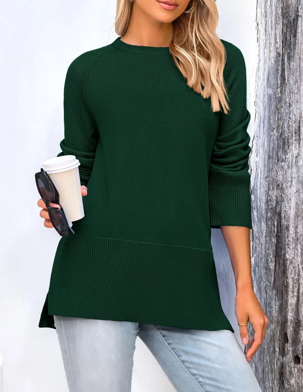 PRETTYGARDEN Women's Knit Spring Sweaters Long Sleeve Pullover Crewneck Split Hem Loose Oversized Tunic Fall Sweater Top