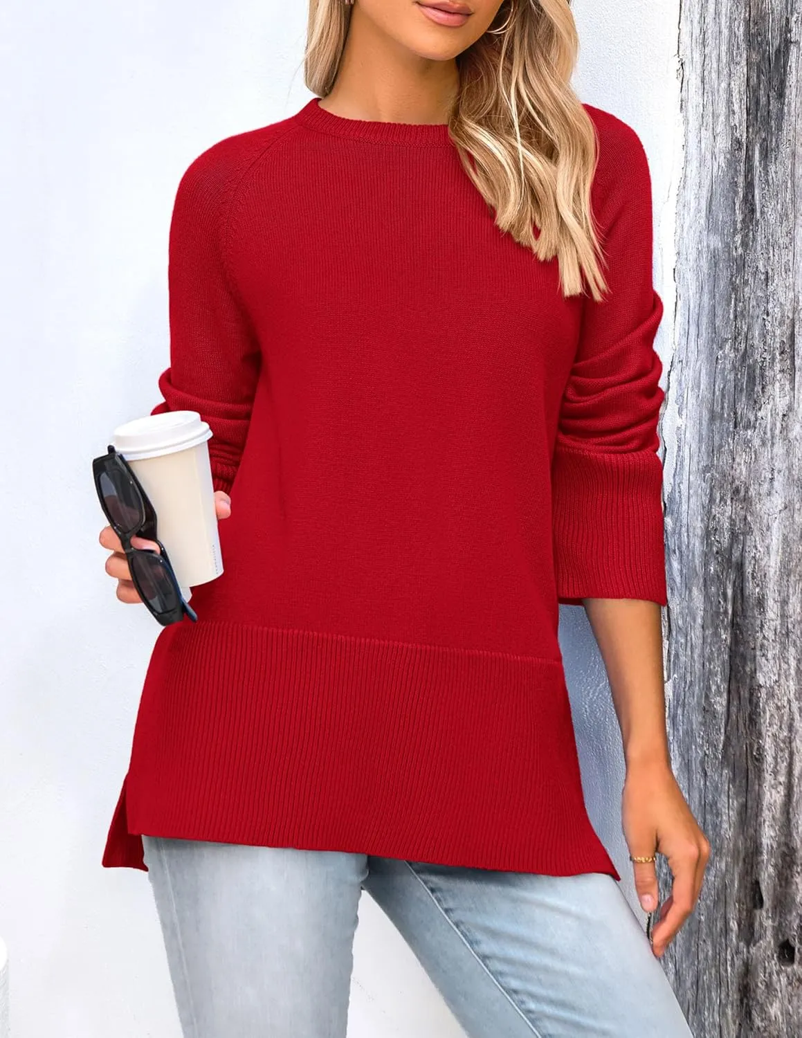 PRETTYGARDEN Women's Knit Spring Sweaters Long Sleeve Pullover Crewneck Split Hem Loose Oversized Tunic Fall Sweater Top